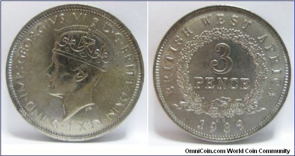 British West Africa, King George VI, 3 Pence, 1939. AU.