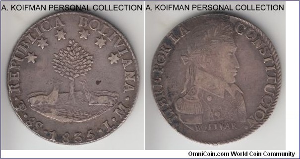 KM-97, 1835 Bolivia 8 soles, Potosi mint (PTS mint mark in monogram), LM essayer; silver, reeded and lettered edge; darker specimen, almost completely readable edge inscription, decent very fine to good very fine for the type.