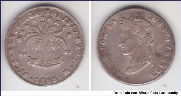 KM112.2, 1855 Bolivia 8 soles; average circulated very fine specimen