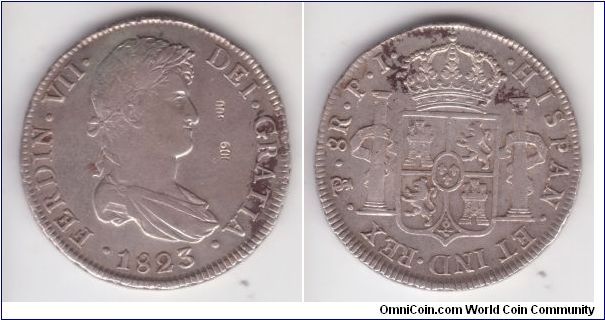 KM-84, 1823 Bolivia 8 reales; colonial issue from the later years, nice but a later counter-stamp added