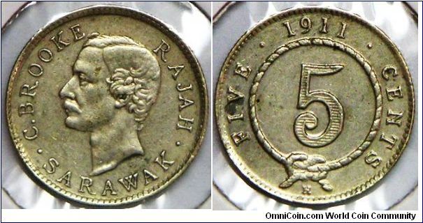 Key Date. Scarce. British Colony, Sarawak, Rajah J. Brooke (1868 - 1917), 5 Cents, 1911H. 1.3500 g, 0.8000 Silver, .0347 Oz. ASW. Mintage: 40,000 units. Good EF.