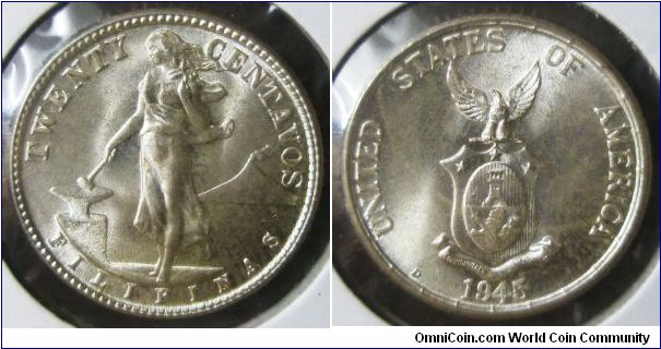Filipinas, 20 centavos, 1945. BU.