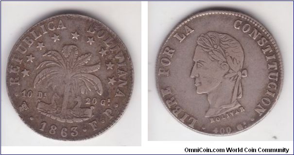 KM-138.6, 1863 Bolivia 8 soles; fine plus condition I would guess but Bolivian coins are very hard to grade due to the overall low quality of milled coinage strikes.