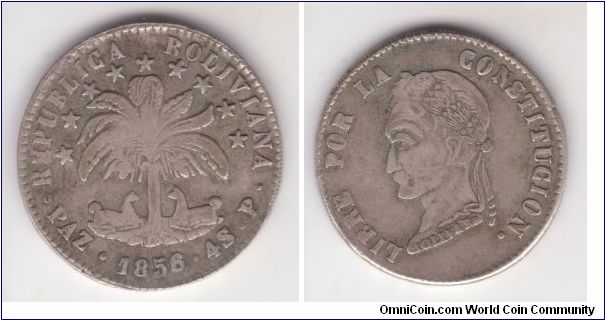 KM-130, 1856 Bolivia 4 soles, PAZ mint mark; although fine plus only in condition, much less common coin from a secondary mint; all other coins I am listing and typically all Bolivian coins were minted at Potosi mint.
