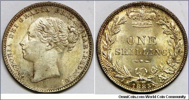 Queen Victoria (Young Head), One Shilling, 1885. 5.6552 g, 0.9250 Silver, .1682 Oz. ASW. Note: Without die number. Mintage: 3,337,000 units. Lustrous mint state.