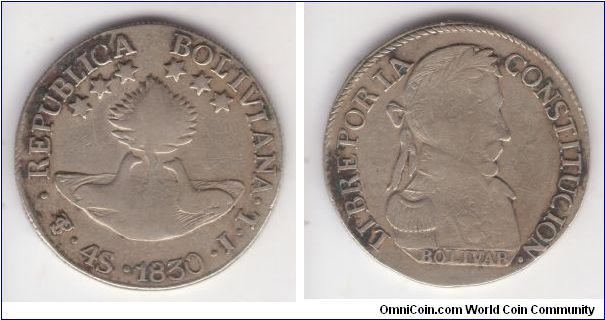 KM-96a.1, 1830 Bolivia 4 soles; this is a grouped stars narrow date variety; coin is quite bad but differences are clearly shown.