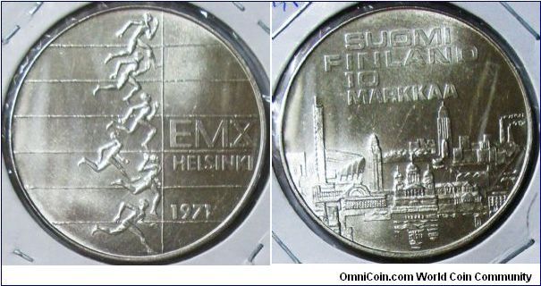 Republic, 10 Markkaa, 1971 S-H. 24.2000 g, 0.5000 Silver, .3890 Oz. ASW., 35mm. Subject: 10th European ATHLETIC Championships. Mintage: 1,000,000 units. BU.