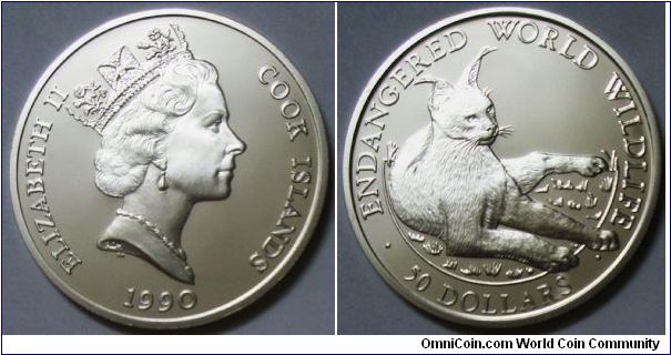 Cook Islands, Queen Elizabeth II, 50 Dollars, 1990. Subject: Endangered World Wildlife. PROOF.