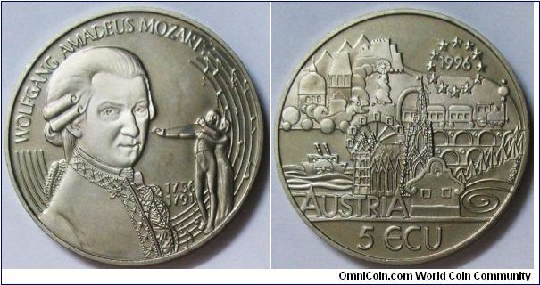 Austria, 5 Ecu, 1996, Wolfgang Amadeus Mozart (1756-1791). PROOF.