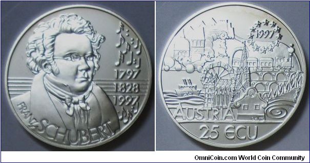 Austria, 25 Ecu, 1997. Franz Schubert 1797-1828. Proof.