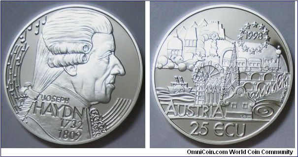 Austria, 25 Ecu, 1998. Joseph Aayden 1732-1809. PROOF.