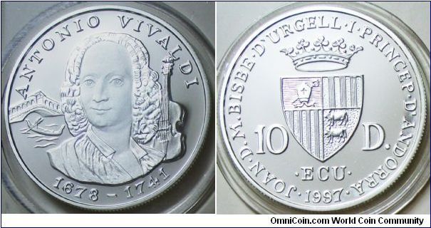 Austria, Andorra 10 Diners, 1997. Antonio Vivaldi 1678-1741. PROOF.