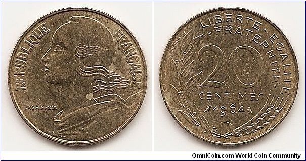 20 Centimes 
KM#930
4.0000 g., Copper-Aluminum-Nickel, 23.5 mm. Obv: Liberty
bust left Rev: Denomination above date, grain sprig below, laurel
branch at left Edge: Plain Note: Without mint mark. 1991-1993
dated coins, non-Proof, exist in both coin and medal alignment.