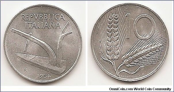 10 Lire 
KM#93
1.6000 g., Aluminum, 23.25 mm. Obv: Plow Rev: Value within
wheat ears Edge: Plain