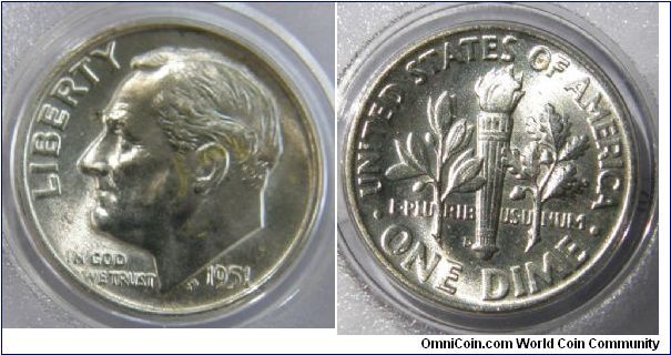 Franklin Delano Roosevelt Dime, 10 Cents. 1951D-Mintmark: D (for Denver, CO) just to the left of the base of the torch on the reverse. There is something on the face. Metal content:
Silver - 90%
Copper - 10%