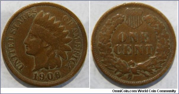 INDIAN HEAD CENT, 1906-Mintmark: None (for Philadelphia) below the bow of the wreath on the reverse.Metal content:
Copper - 95%
Tin and Zinc - 5%