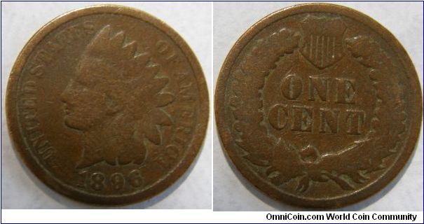INDIAN HEAD CENT, 1896-Mintmark: None (for Philadelphia) below the bow of the wreath on the reverse.Metal content:
Copper - 95%
Tin and Zinc - 5%
