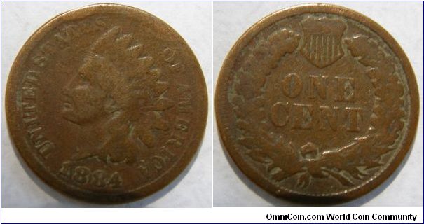 INDIAN HEAD CENT, 1884-Mintmark: None (for Philadelphia, Pennsylvania) below the bow of the wreath on the reverse.Metal content:
Copper - 95%
Tin and Zinc - 5%