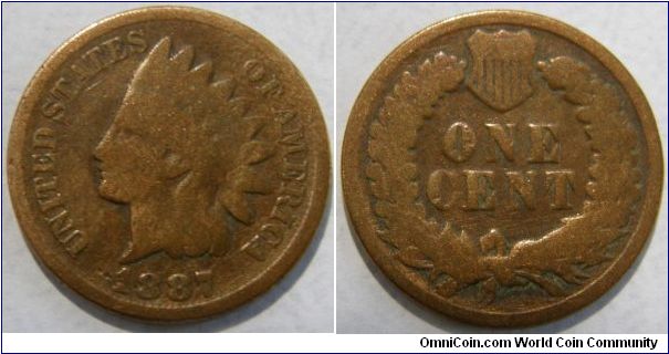 INDIAN HEAD CENT. 1887-Mintmark: None (for Philadelphia, Pennsylvania) below the bow of the wreath on the reverse
Metal content:
Copper - 95%
Tin and Zinc - 5%
