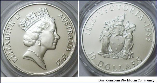 Australia, Queen Elizabeth II, 10 Dollars, 1985. Subject: The 1985 $10 coin is the first of a series which will feature the Coat of Arms of the individual States and Territories of the Commonwealth of Australia. The series is to be known as the $10 State Series and will be issued on a regular basis. PROOF.