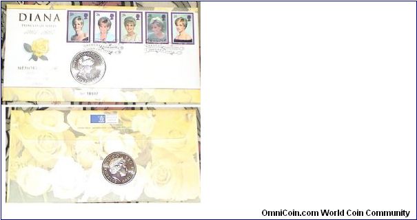 5 Pounds. Princess Diana Numismatic & Philatelic First Day Cover, official numbered Memorial Coin Cover and the complete set of five different 1st class Stamps. Postmarked Kensington Gardens London 1999.