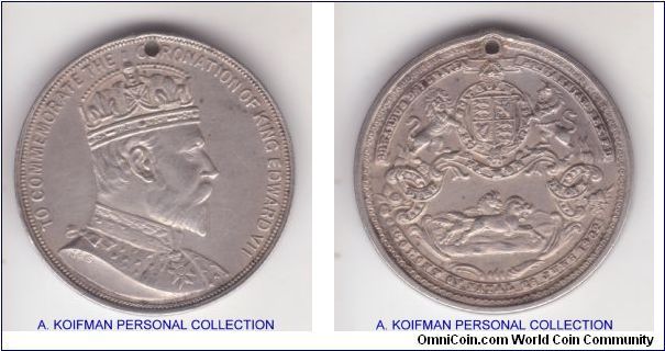 Laidlaw: 0008a, Colony of Natal 1902 Coronation medal; silver, intentionally hotel, 29.15 mm diameter, 11.71 gr; nice, good extra fine, issued to children attending Natal schoold, only silver medal issued to South African school children.
