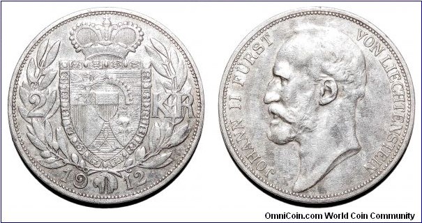 LIECHTENSTEIN~2 Kronen 1912. Under Prince: Johann Furst II.