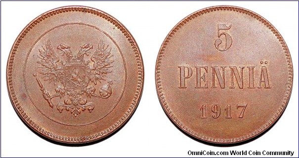 FINLAND (TRANSITIONAL)~5 Pennia 1917. Issued during the Russian Civil War prior to declaring independence.