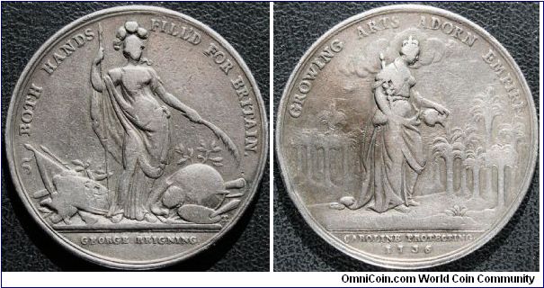 1736, Great Britain  JERNEGAN'S LOTTERY. By J.S. Tanner. Silver 38mm. Obv: Minerva  BOTH HANDS FILL'D FOR BRITAIN.  GEORGE REIGNING Rev: Caroline watering small palm trees GROWING ARTS ADORN EMPIRE.  CAROLINE PROTECTING 1736