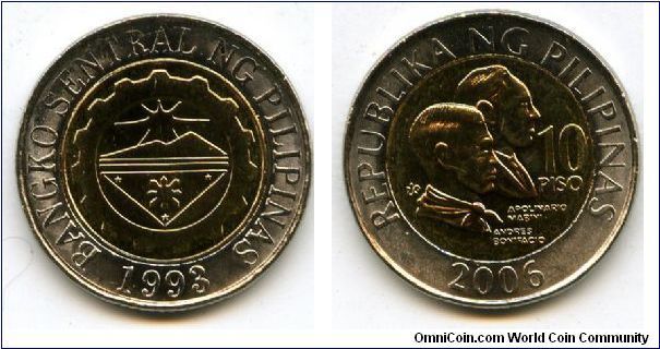 10 Pesos
Logo of Philippines central bank
conjoined bust of Mabini/Bonifaco & value