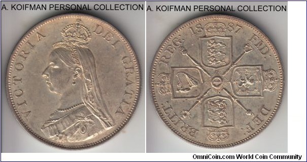 KM-763, 1887 Great Britain double florin (4 shillings); silver, reeded edge; I just love these double florins, few scattered very minor contact marks, little rubbing on the Queen's portrait and toned over highly reflective proof like surface lead me to think that it may have been taken from the proof set but can't say until I can compare with the real specimen one; Arabic 1 variety.
