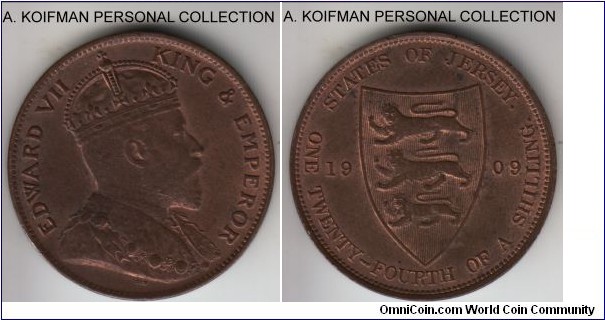 KM-9, 1909 Jersey 1/24 of a shilling; bronze, plain edge; red brown uncirculated or almost, the coin is scarcer in high grades than the larger 1/12'th of a penny.