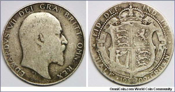 Edward VII, Half Crown, 1909. 14.1380 g, 0.9250 Silver, .4205 Oz. ASW., 32.3mm. Mintage: 3,052,000 units. VG+ to About Fine. [SOLD]