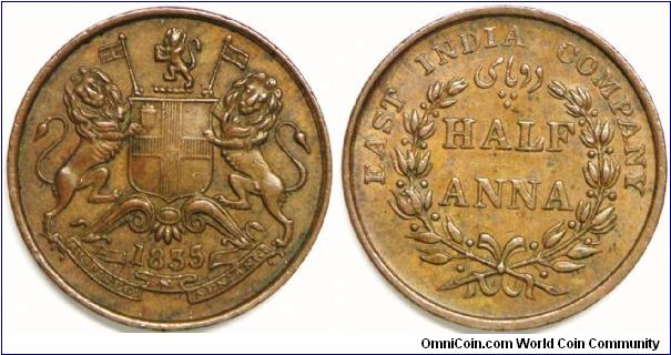 British Colony, East India Company, 1/2 Anna, 1835(b), Key Date.  Copper. Mintage: 8,658,000 units. VF+ to XF.
