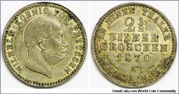 German States - Prussia, Wilhelm I, 1870A. 3.2400 g, 0.3750 Silver, .0390 Oz. ASW. EF. [SOLD]