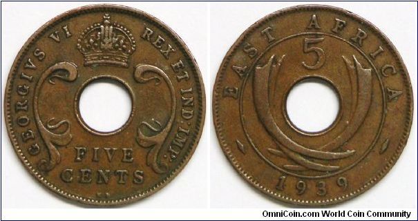 George VI, 5 Cents, 1939KN. Bronze. Mintage: 3,000,000 units. VF. [SOLD]