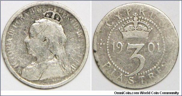 Queen Victoria, British Colony, Piastre Coinage, 3 Piastres, 1901 (One year type). 1.8851 g, 0.9250 Silver, .0561 Oz. ASW. Mintage: 300,000 units. G. Scarce. [SOLD]