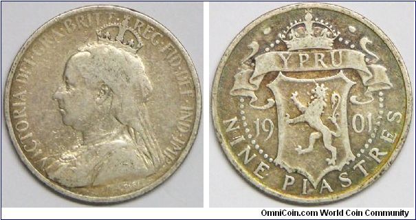 Queen Victoria, British Colony, Piastre Coinage, 9 Piastres, 1901 (One year type). 5.6552 g, 0.9250 Silver, .1682 Oz. ASW. Mintage: 600,000 units. VG. [SOLD]