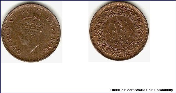 British India
1/12 anna
George VI king emperor (second head)
bronze
