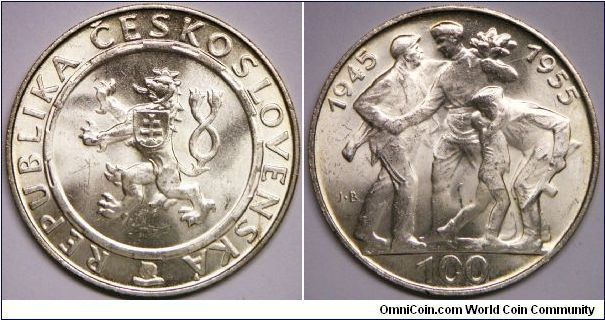 Slightly scarce. Czechoslovakia - Peoples Republic, 100 Korun, ND (1955). 24.0000 g, 0.9000 Silver, .6945 Oz. ASW. 40mm. Subject: 10th Anniversary of Liberation from Germany (Nazi). Reverse: Father and young boy greeting two returning soldiers. Mintage: Est. 75,000 units. Note: 22,244 pieces were melted by the Czech National Bank in 1999. BU. [SOLD]
