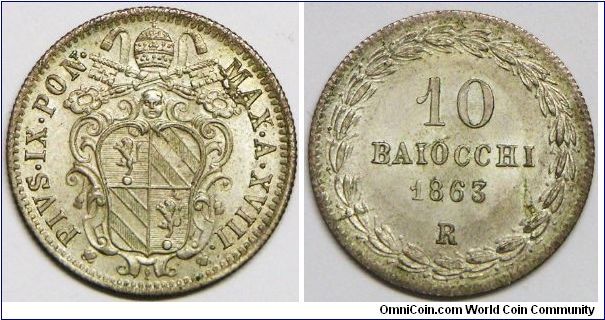 Rare condition. Italian States - Papal States, Pius IX, 10 Baiocchi, 1863 XVIIIR. 2.8570 g, 0.8000 Silver, .0734 Oz. ASW. Mintage: 1,147,000 units. Mint state.