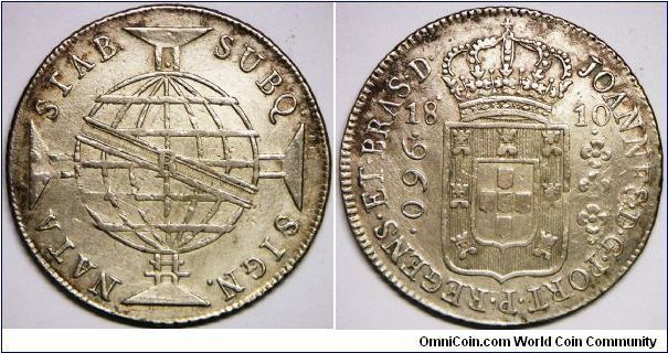 Portugese Colony, Joao, Prince Regent (1799 - 1818), 960 Reis, 1810R. 26.8900 g, 0.8960 Silver, .7746 Oz. ASW. (Note: Obverse side Overstruck on Spanish Colony Mexico Mint 8 Reales, see the globe), Good EF to AU.