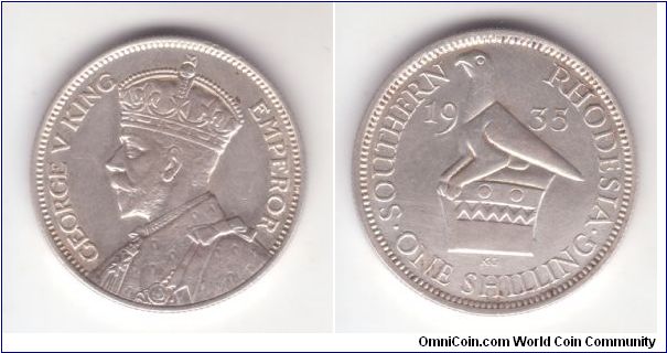 KM-3, 1935 Southern Rhodesia shilling; very nice good extra fine but unfortunately lightly cleaned coin.