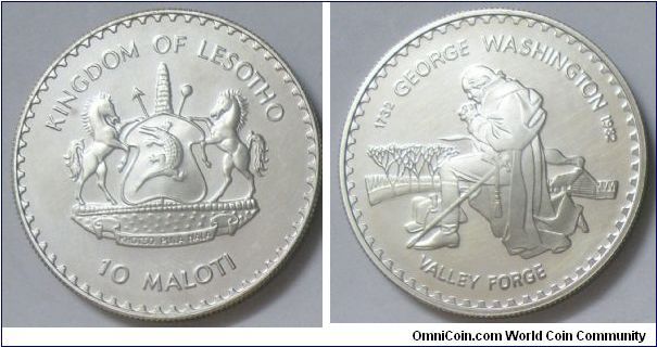 Kingdom, Moshoeshoe II, 10 Maloti, 1982. 31.1000 g, 0.5000 Silver, .5000 Oz. ASW. Subject: George Washington. Rev: Washington on bended knee. Mintage: 4,200 units. Proof.