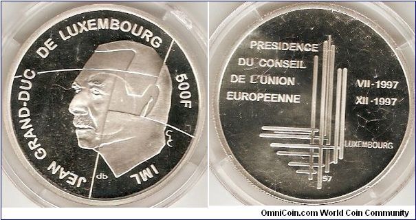 500 francs
Presidency of the European Community July-December 1997
Jean, grand duke of Luxembourg
0.925 silver
mintage 10,000