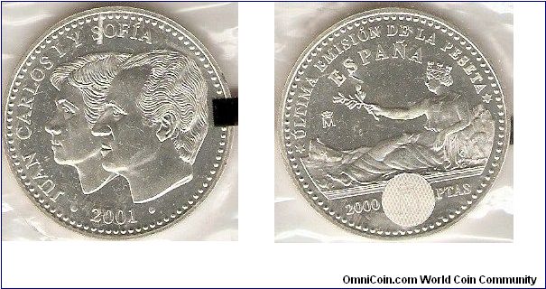 2000 pesetas
last emission of the peseta
Juan Carlos I and Sophia
0.925 silver