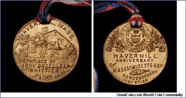 Haverhill commemorative. Massachusetts Bay Colony Tercentenary. Holed with original ribbon.