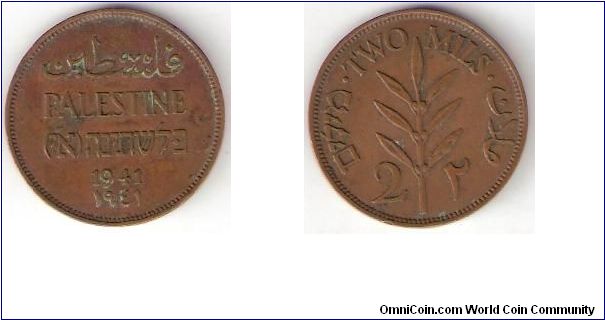 Palestine

Year: 1941
Denomination: 2 Mils
Composition: Bronze Alloy