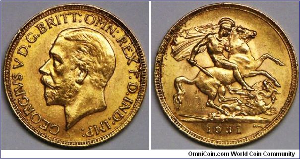 King George V (Small Head Portrait, Second Reverse Type), Sovereign, 1931.  7.9881 g, 0.9170 Gold, .2354 Oz. AGW. Mintage: 8,512,000 units. Mint: South Africa. XF.