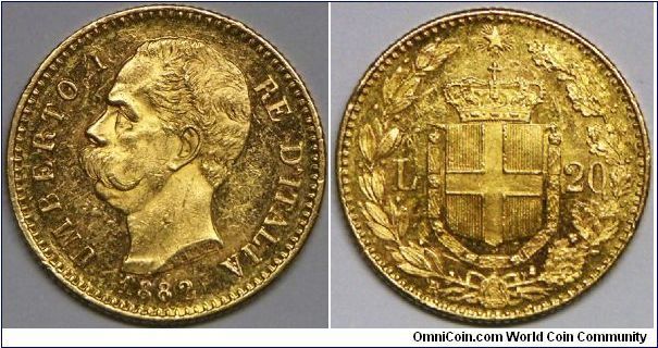 Kingdom, Umberto I, 20 Lire, 1882R. 6.4516 g, 0.9000 Gold, .1867 Oz. AGW. 6,970,000 units.